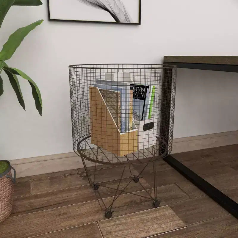 Carrito de almacenamiento de metal estilo rústico bronce: Cesto de ropa metálico multiusos con ruedas, parte superior abierta, no requiere montaje