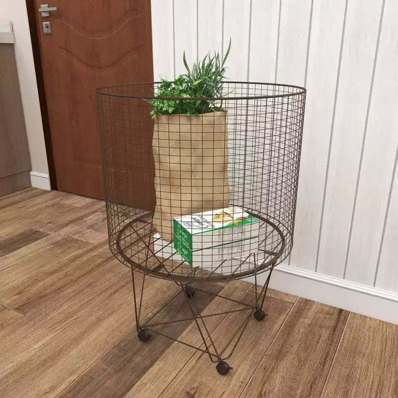 Carrito de almacenamiento de metal estilo rústico bronce: Cesto de ropa metálico multiusos con ruedas, parte superior abierta, no requiere montaje
