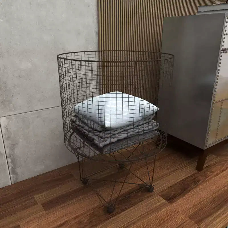 Carrito de almacenamiento de metal estilo rústico bronce: Cesto de ropa metálico multiusos con ruedas, parte superior abierta, no requiere montaje