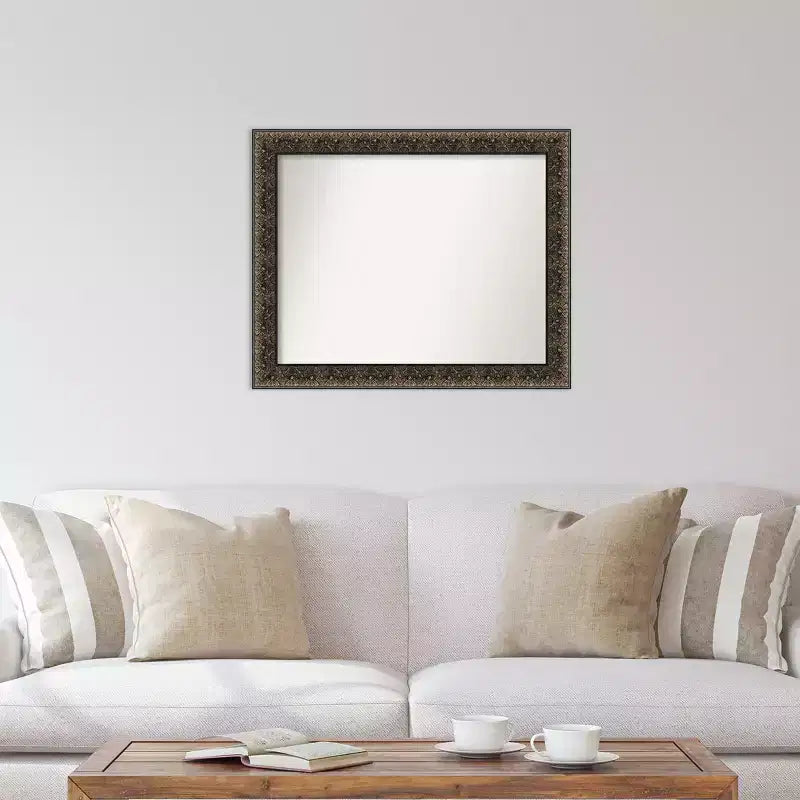 33" x 27" Non-Beveled Intaglio Embossed Black Wood Wall Mirror: Modern Rectangle, Includes Mounting Hardware