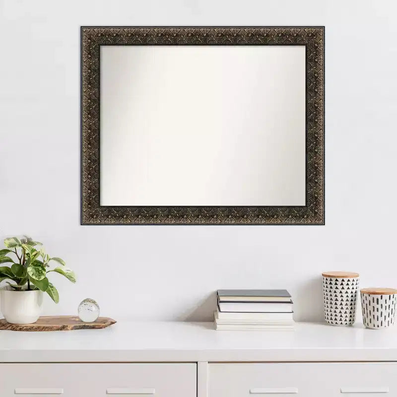 33" x 27" Non-Beveled Intaglio Embossed Black Wood Wall Mirror: Modern Rectangle, Includes Mounting Hardware