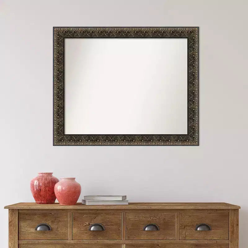 Espejo de pared de madera negra intagliado en relieve de 33" x 27" sin bisel: Rectangular moderno, incluye accesorios de montaje