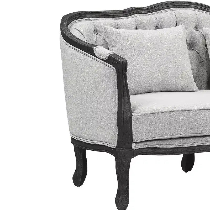 Sofá Samael de lino gris de 64", acabado marrón oscuro, madera tallada - Acme Furniture: diseño francés vintage, no requiere montaje