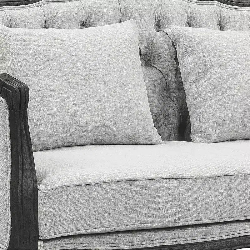 Sofá Samael de lino gris de 64", acabado marrón oscuro, madera tallada - Acme Furniture: diseño francés vintage, no requiere montaje