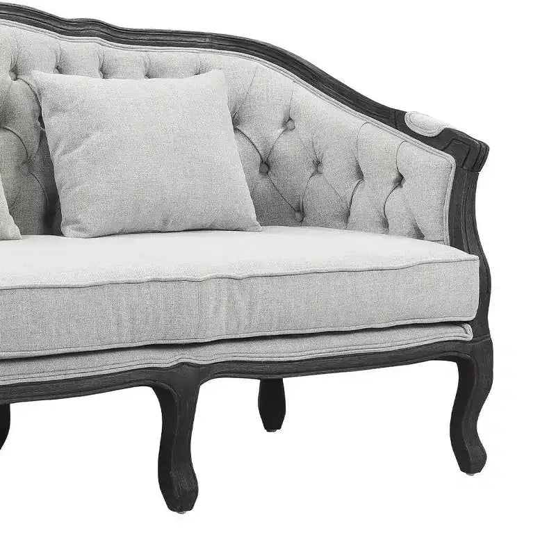 Sofá Samael de lino gris de 64", acabado marrón oscuro, madera tallada - Acme Furniture: diseño francés vintage, no requiere montaje