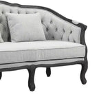 Sofá Samael de lino gris de 64", acabado marrón oscuro, madera tallada - Acme Furniture: diseño francés vintage, no requiere montaje