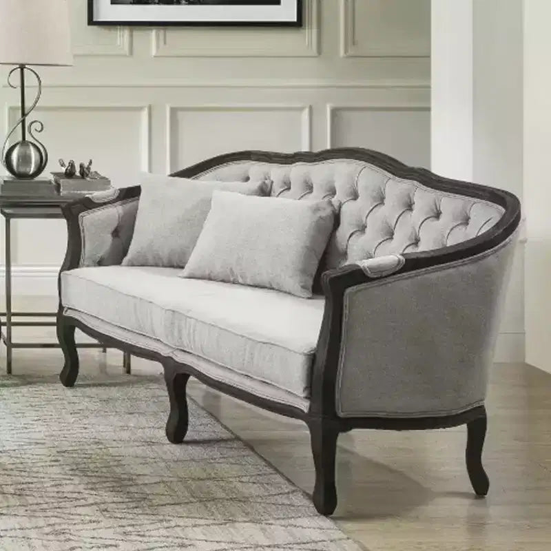 Sofá Samael de lino gris de 64", acabado marrón oscuro, madera tallada - Acme Furniture: diseño francés vintage, no requiere montaje