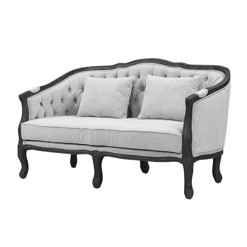 Sofá Samael de lino gris de 64", acabado marrón oscuro, madera tallada - Acme Furniture: diseño francés vintage, no requiere montaje