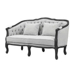Sofá Samael de lino gris de 64", acabado marrón oscuro, madera tallada - Acme Furniture: diseño francés vintage, no requiere montaje
