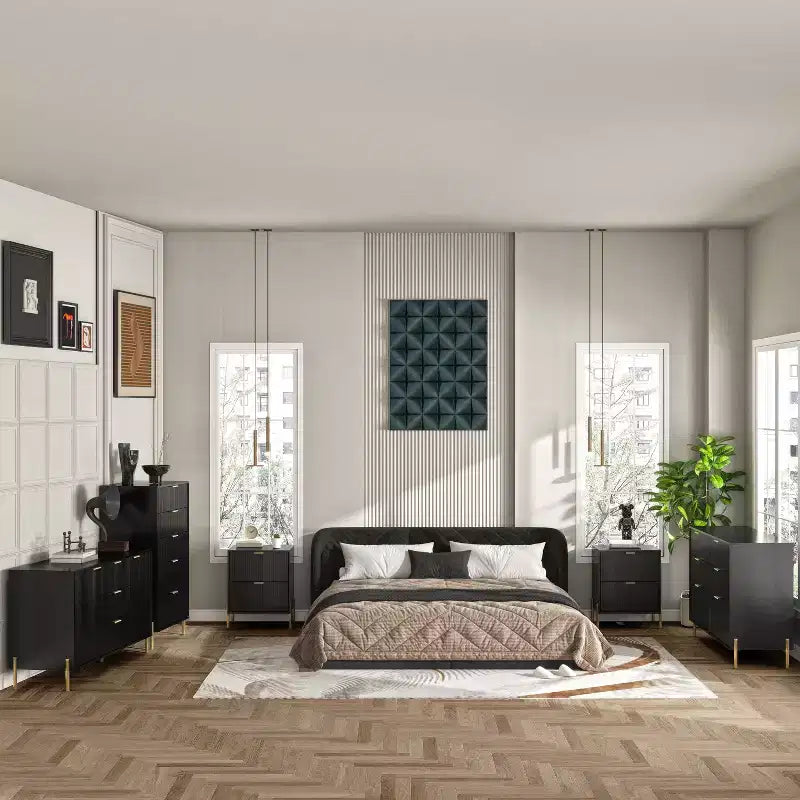 Juego de cómoda moderna Festivo de 5 piezas para dormitorio y 2 vestidores y 2 mesitas de noche con cajones, color negro