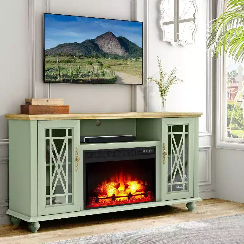 Mueble para TV Festivo Farmhouse de 62" para televisores de hasta 70" con chimenea, verde