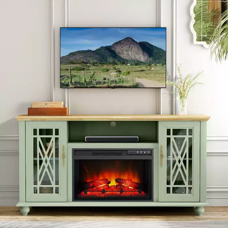 Mueble para TV Festivo Farmhouse de 62" para televisores de hasta 70" con chimenea, verde