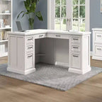 Escritorio pedestal en forma de L con almacenamiento blanco: Puertas modernas estilo Shaker, paneles con moldura de cuentas, fuente de alimentación incorporada