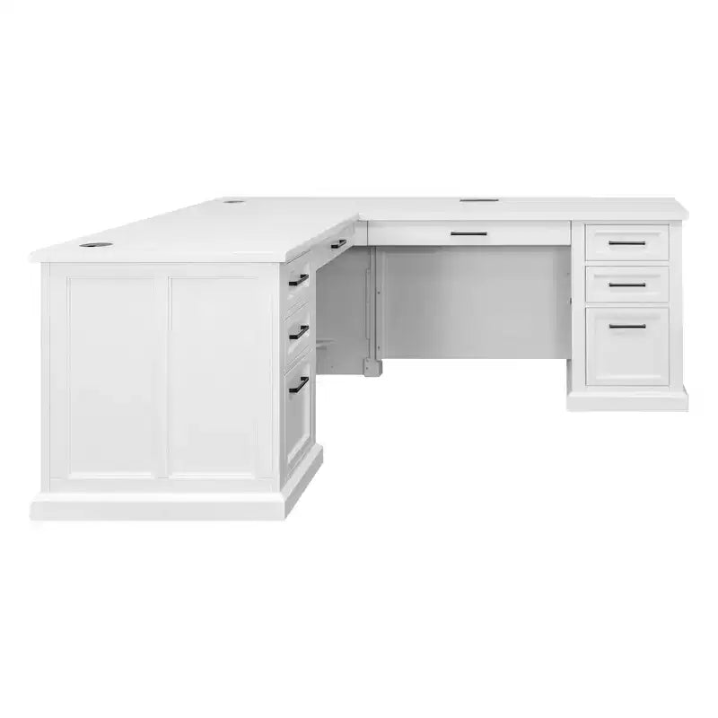 Escritorio pedestal en forma de L con almacenamiento blanco: Puertas modernas estilo Shaker, paneles con moldura de cuentas, fuente de alimentación incorporada