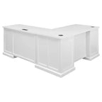 Escritorio pedestal en forma de L con almacenamiento blanco: Puertas modernas estilo Shaker, paneles con moldura de cuentas, fuente de alimentación incorporada