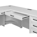 Escritorio pedestal en forma de L con almacenamiento blanco: Puertas modernas estilo Shaker, paneles con moldura de cuentas, fuente de alimentación incorporada