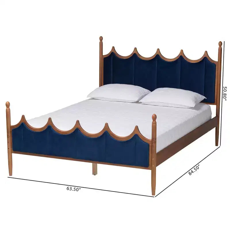 Cama de plataforma Baxton Studio Calgary de madera y terciopelo, tamaño queen, azul real/marrón nogal