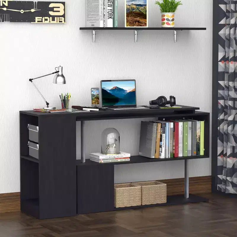 55 360 Rotating Corner Computer Desk Modern L-Shaped Home Office Workstation with 3-Tier Storage Shelves, Bookshelf