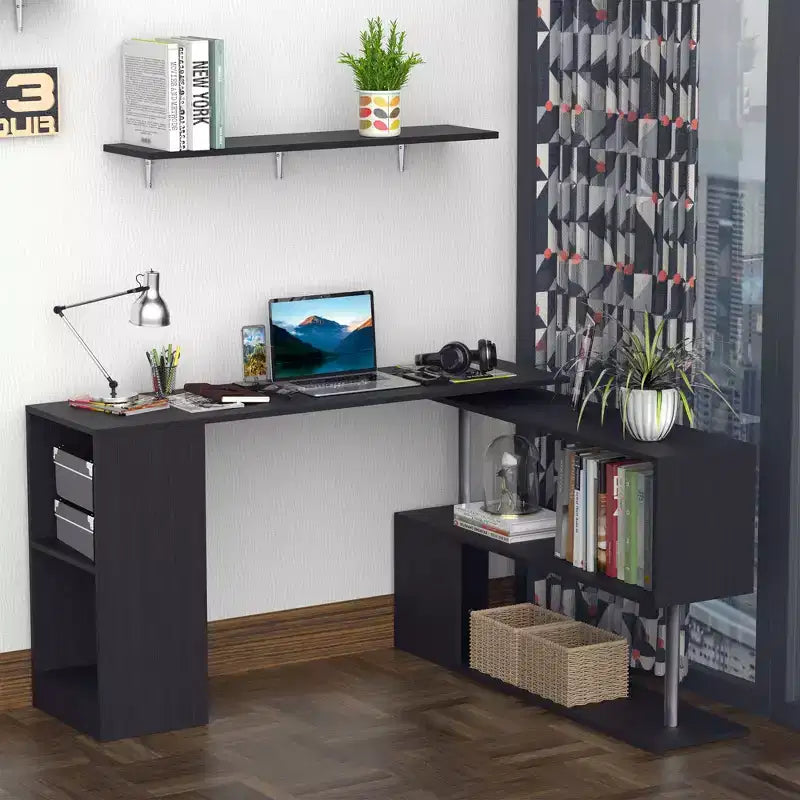 55 360 Escritorio de esquina giratorio para computadora, moderno, en forma de L, estación de trabajo para oficina en casa con estantes de almacenamiento de 3 niveles, librería
