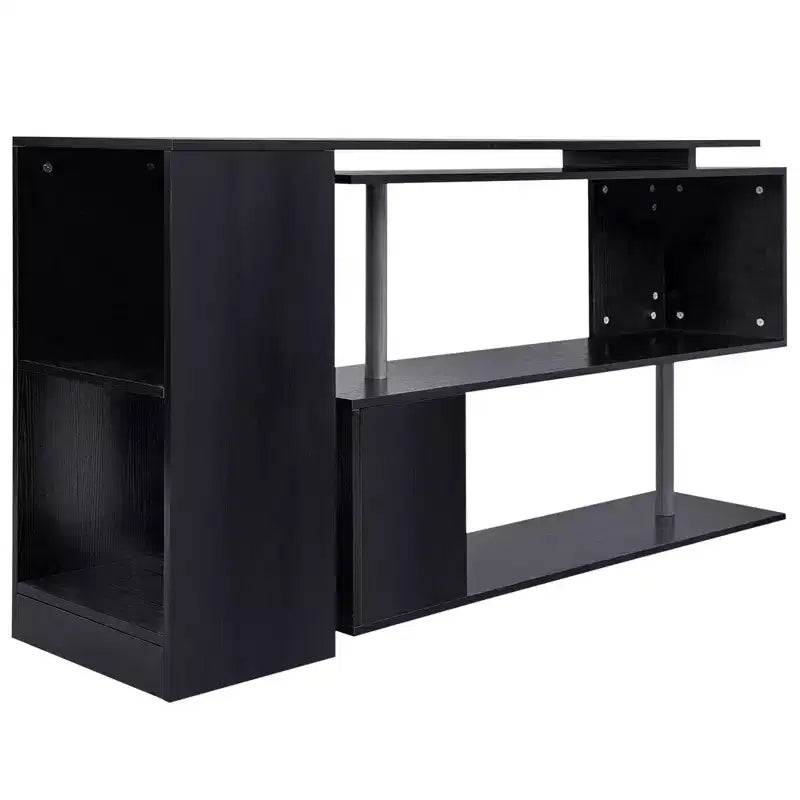 55 360 Escritorio de esquina giratorio para computadora, moderno, en forma de L, estación de trabajo para oficina en casa con estantes de almacenamiento de 3 niveles, librería