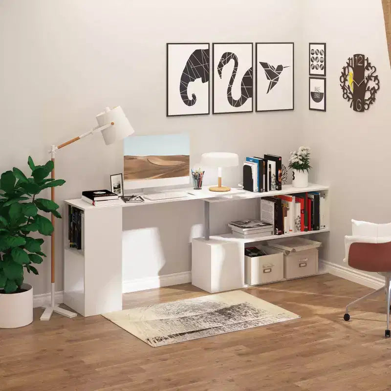 55 360 Escritorio de esquina giratorio para computadora, moderno, en forma de L, estación de trabajo para oficina en casa con estantes de almacenamiento de 3 niveles, librería