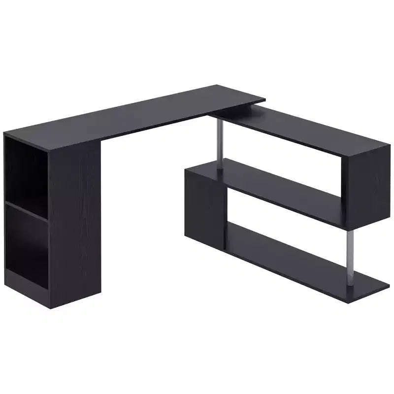 HOMCOM 55 360 Rotating Corner Computer Desk Modern L-Shaped Home Office Workstation with 3-Tier Storage Shelves, Bookshelf