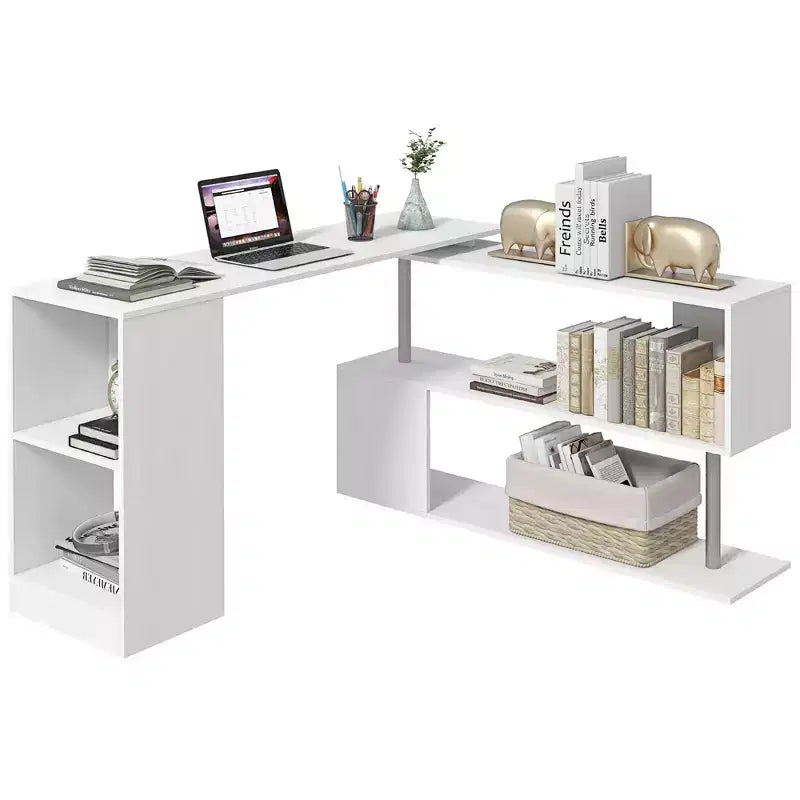 55 360 Escritorio de esquina giratorio para computadora, moderno, en forma de L, estación de trabajo para oficina en casa con estantes de almacenamiento de 3 niveles, librería