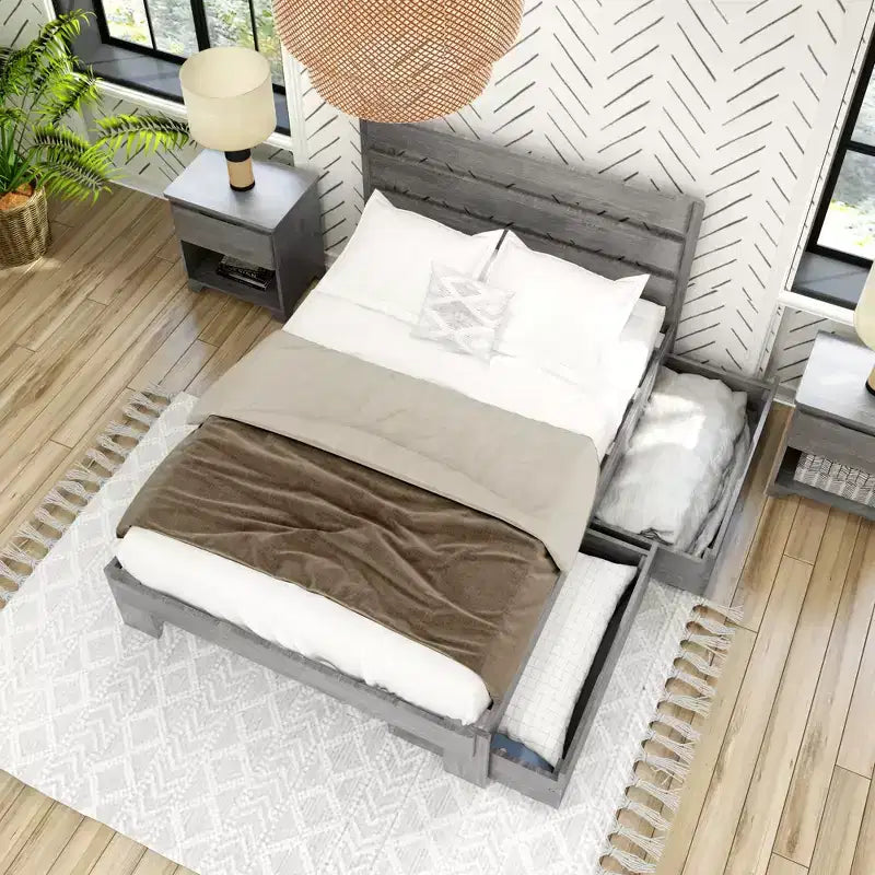 Cama individual completa con cajones de almacenamiento, base de cama de plataforma de madera maciza para niños