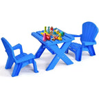 Mesa y Silla de Plástico para Niños, Muebles de Juego de 3 Piezas para Interiores/Exteriores, Azul