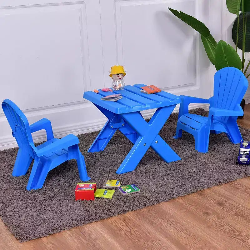 Mesa y Silla de Plástico para Niños, Muebles de Juego de 3 Piezas para Interiores/Exteriores, Azul