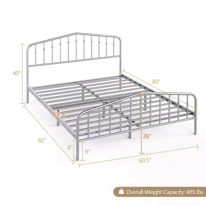 Estructura de cama de metal Queen con cabecero y pie de cama de plataforma con almacenamiento, color plateado