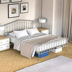 Estructura de cama de metal Queen con cabecero y pie de cama de plataforma con almacenamiento, color plateado