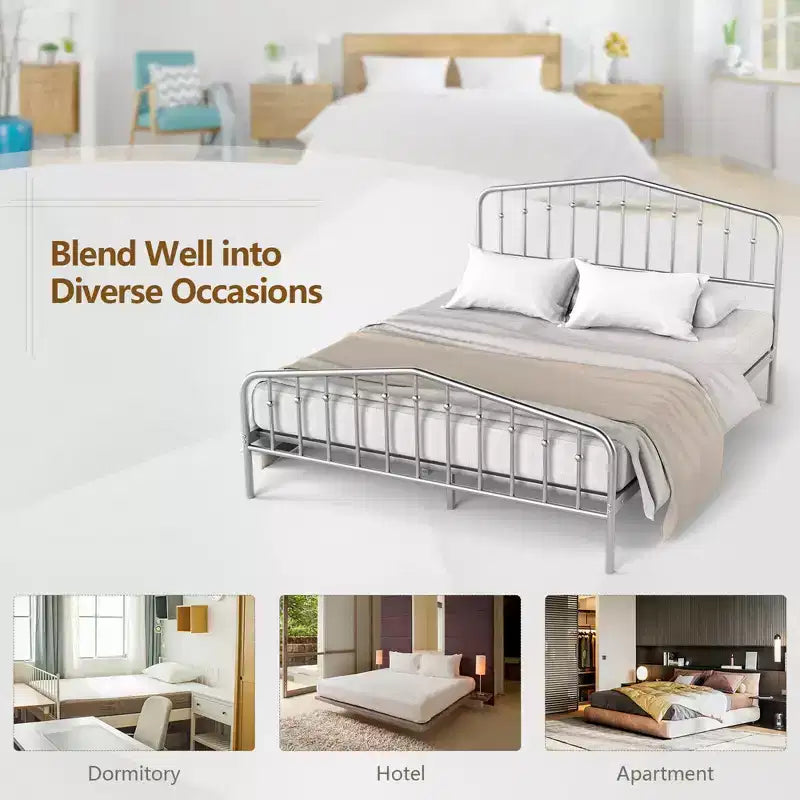 Estructura de cama de metal Queen con cabecero y pie de cama de plataforma con almacenamiento, color plateado