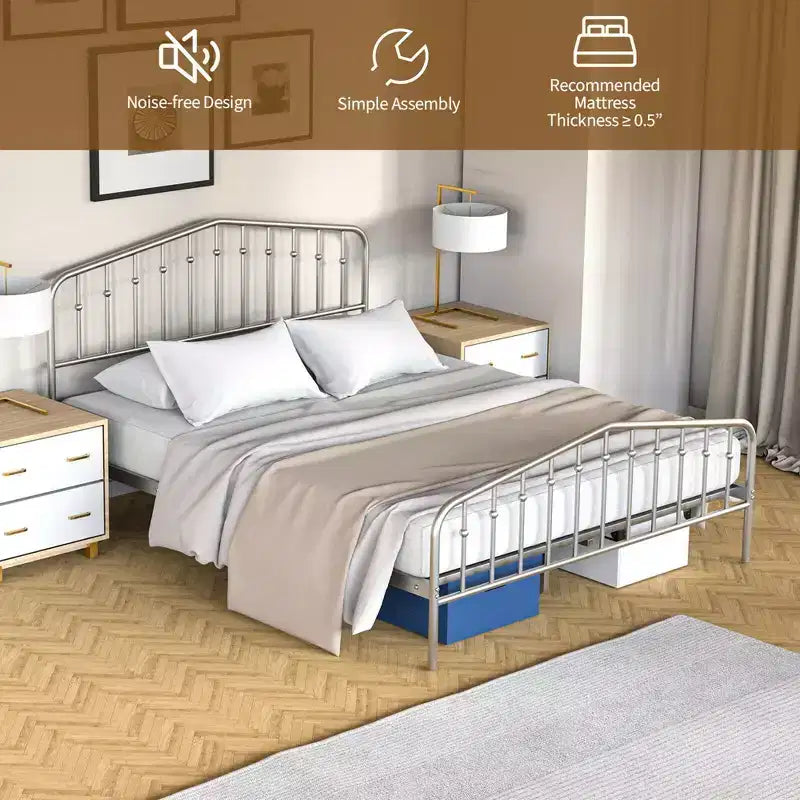 Estructura de cama de metal Queen con cabecero y pie de cama de plataforma con almacenamiento, color plateado