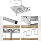 Estructura de cama de metal Queen con cabecero y pie de cama de plataforma con almacenamiento, color plateado