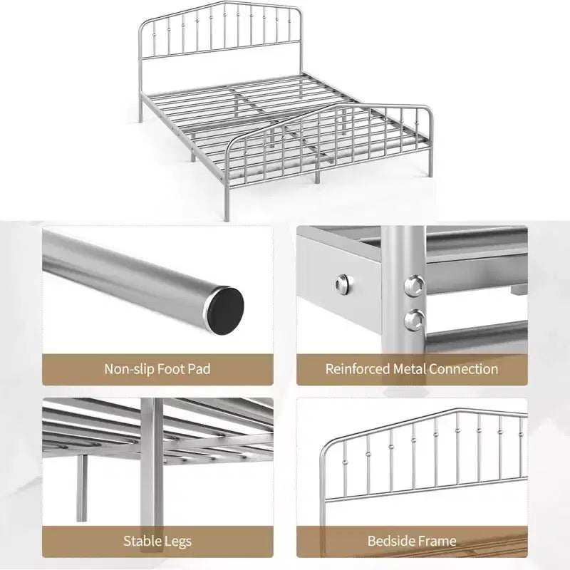 Estructura de cama de metal Queen con cabecero y pie de cama de plataforma con almacenamiento, color plateado