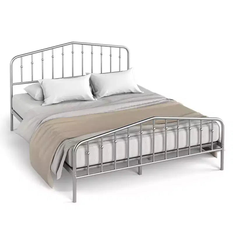Estructura de cama de metal Queen con cabecero y pie de cama de plataforma con almacenamiento, color plateado