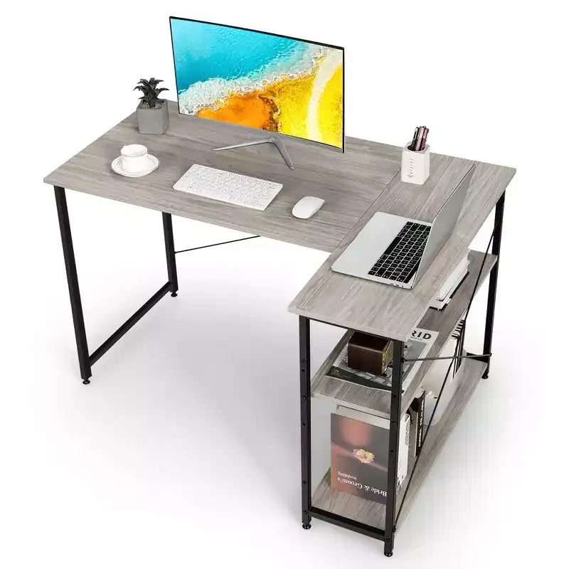 Escritorio de computadora en forma de L reversible de 48 pulgadas, mesa de oficina en casa, estante ajustable, color marrón/gris/natural