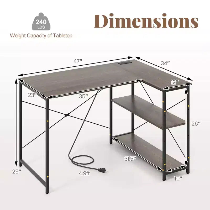 Escritorio de computadora en forma de L reversible de 48 pulgadas, mesa de oficina en casa, estante ajustable, color marrón/gris/natural