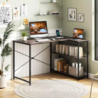 Escritorio de computadora en forma de L reversible de 48 pulgadas, mesa de oficina en casa, estante ajustable, color marrón/gris/natural