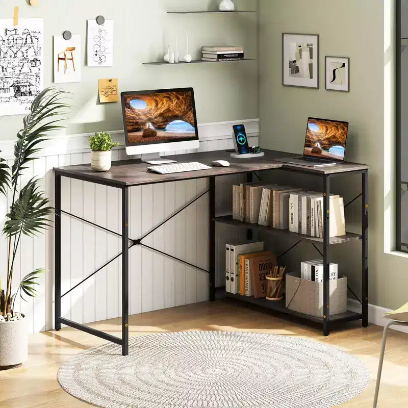 Escritorio de computadora en forma de L reversible de 48 pulgadas, mesa de oficina en casa, estante ajustable, color marrón/gris/natural