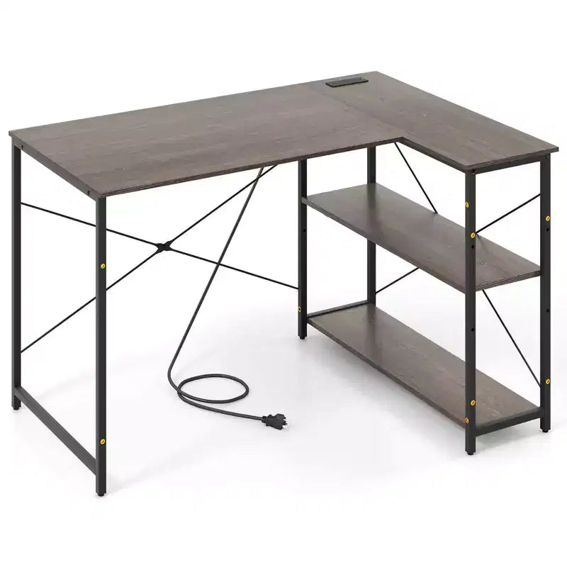 Escritorio de computadora en forma de L reversible de 48 pulgadas, mesa de oficina en casa, estante ajustable, color marrón/gris/natural