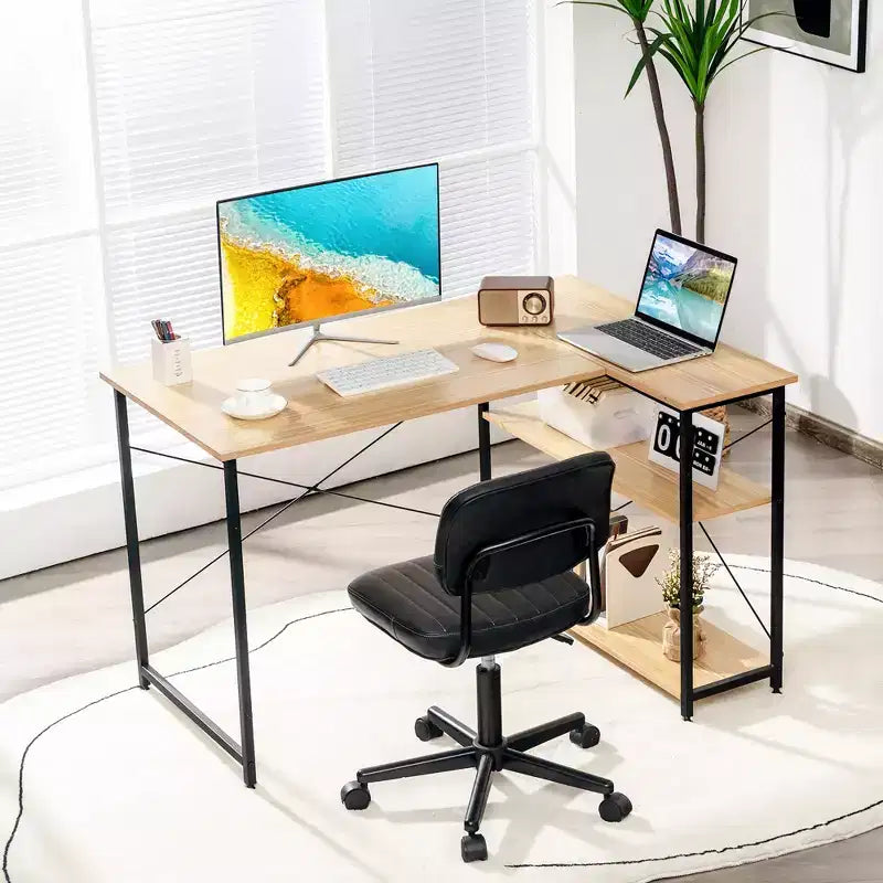Escritorio de computadora en forma de L reversible de 48 pulgadas, mesa de oficina en casa, estante ajustable, color marrón/gris/natural