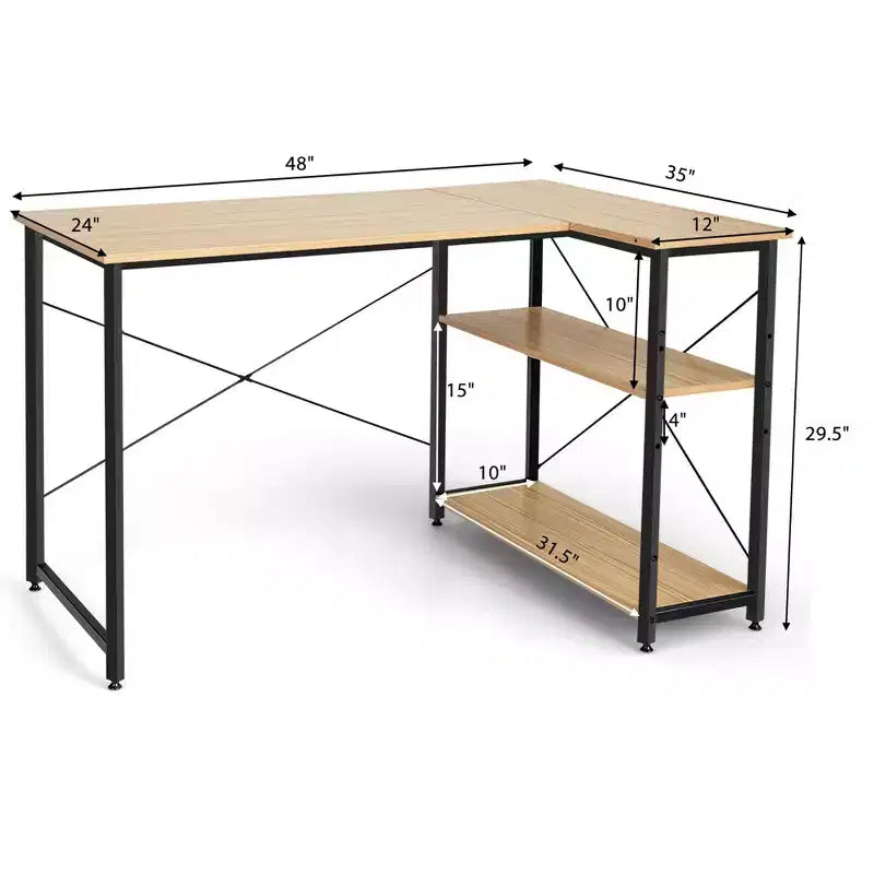 Escritorio de computadora en forma de L reversible de 48 pulgadas, mesa de oficina en casa, estante ajustable, color marrón/gris/natural