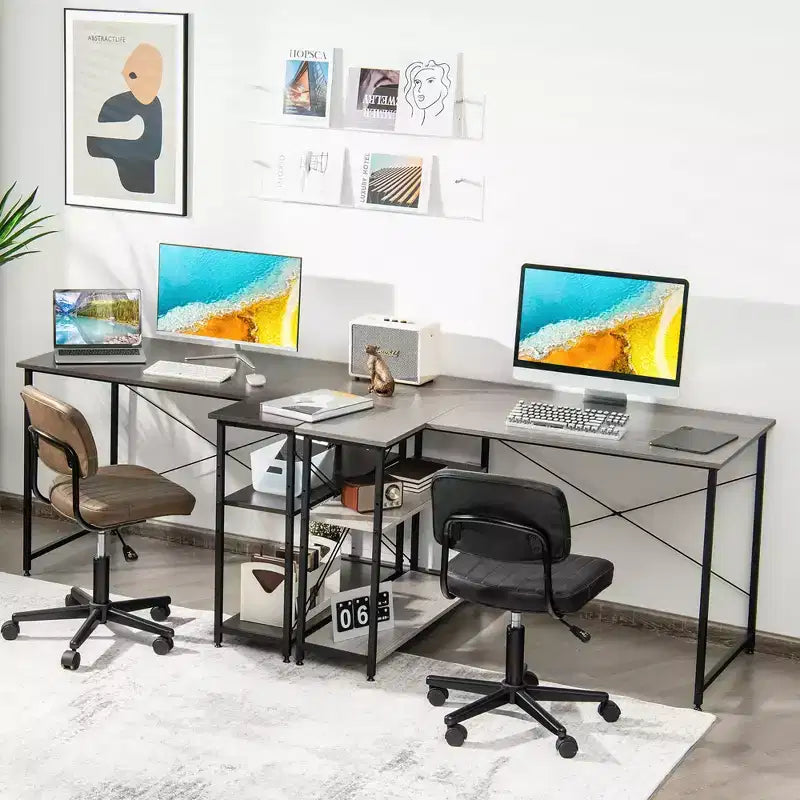 Escritorio de computadora en forma de L reversible de 48 pulgadas, mesa de oficina en casa, estante ajustable, color marrón/gris/natural