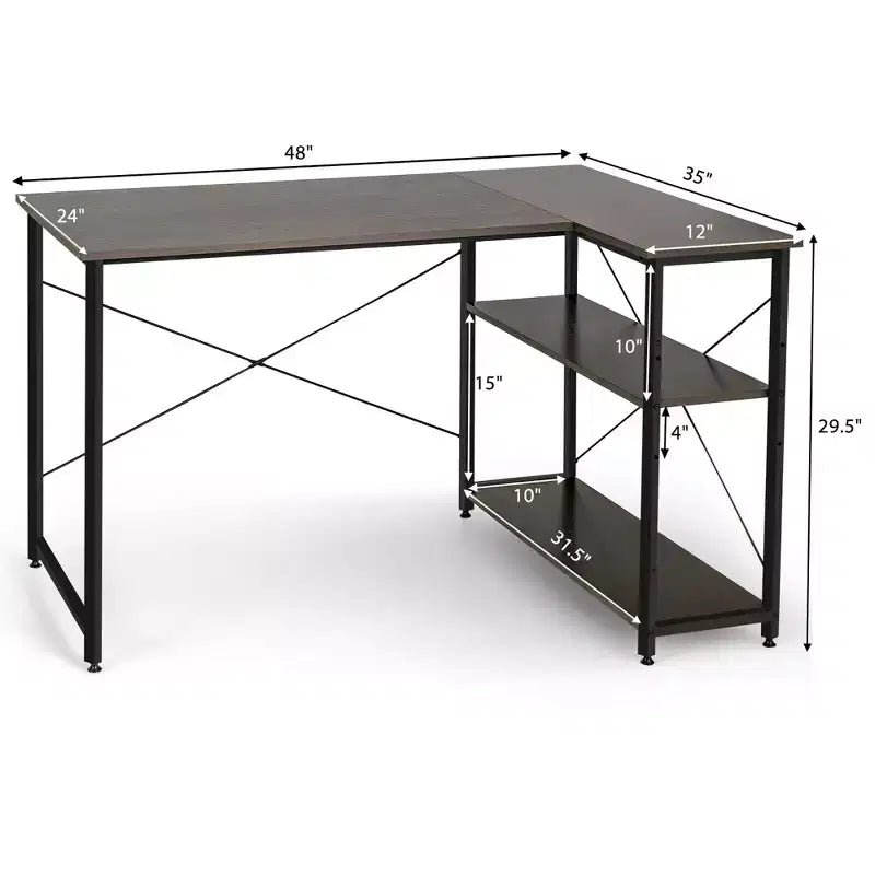 Escritorio de computadora en forma de L reversible de 48 pulgadas, mesa de oficina en casa, estante ajustable, color marrón/gris/natural