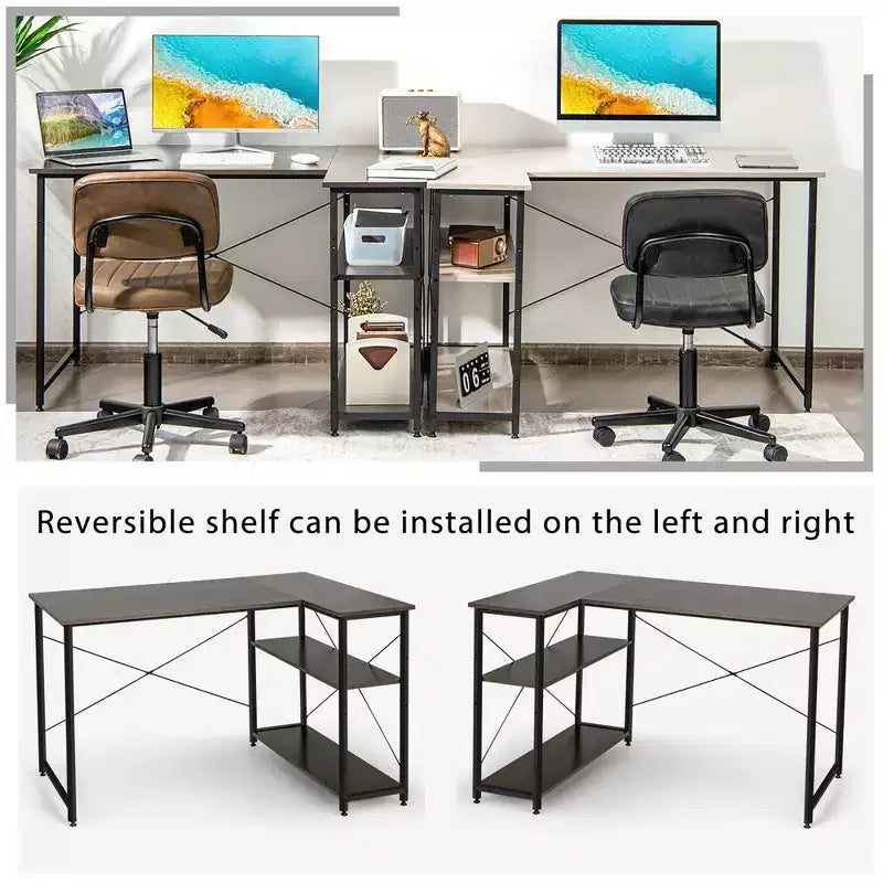Escritorio de computadora en forma de L reversible de 48 pulgadas, mesa de oficina en casa, estante ajustable, color marrón/gris/natural