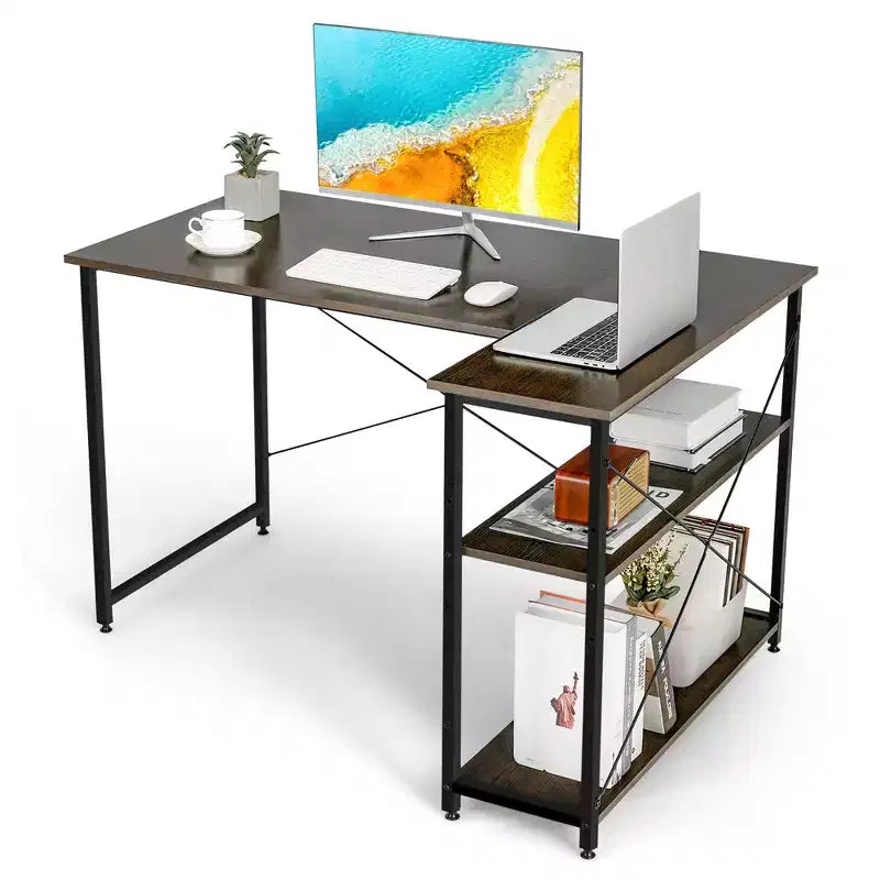 Escritorio de computadora en forma de L reversible de 48 pulgadas, mesa de oficina en casa, estante ajustable, color marrón/gris/natural
