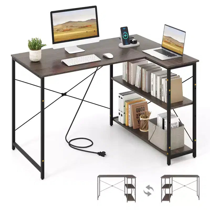 Escritorio de computadora en forma de L reversible de 48 pulgadas, mesa de oficina en casa, estante ajustable, color marrón/gris/natural
