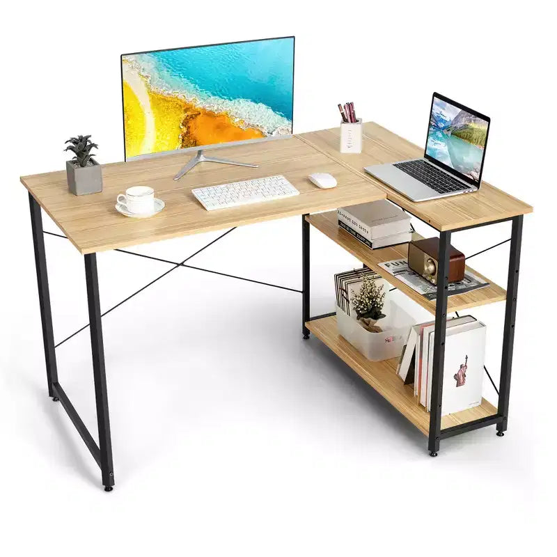 Escritorio de computadora en forma de L reversible de 48 pulgadas, mesa de oficina en casa, estante ajustable, color marrón/gris/natural